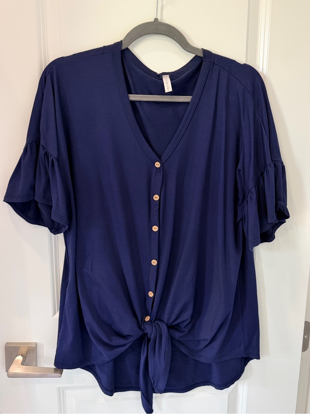 Pinkblush Navy V-Neck Button Front Tie Hem Blouse